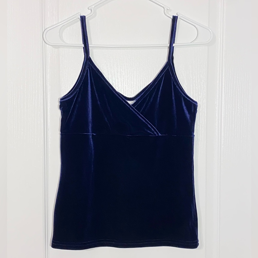 VTG 90s Rave City USA MADE Velvet Velour Surplice Camisole Top Navy Size Large